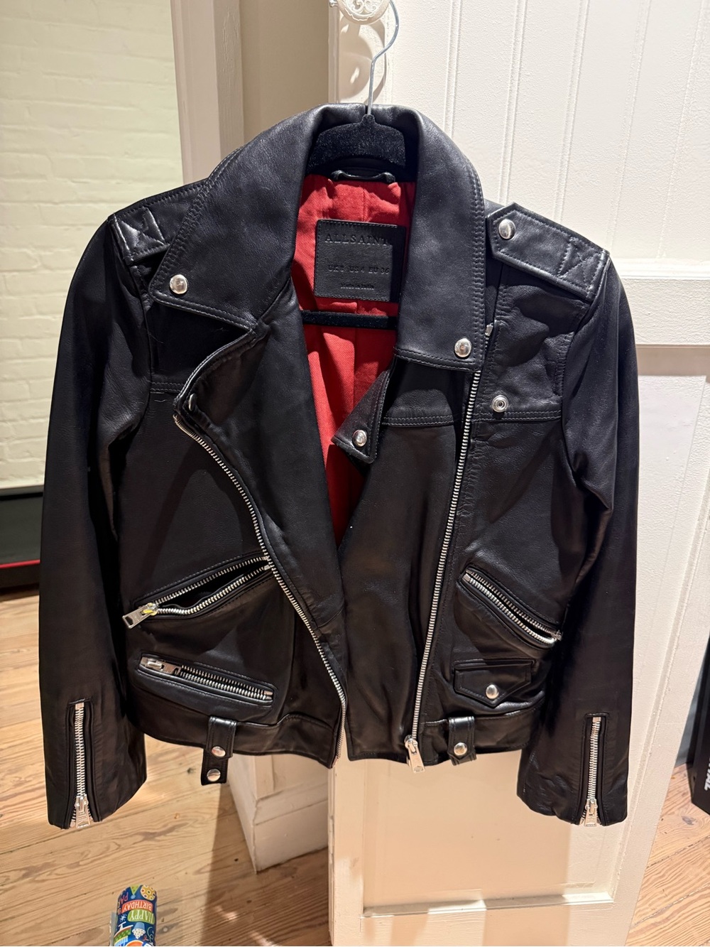 AllSaints Black Leather Biker Jacket with Red Lining